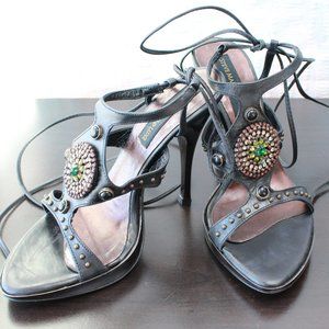 Steve Madden Luxe Leather Beaded Ankle Wrap Heels